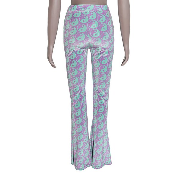 Mint Purple Digital Peace Sign Velvet Bell Bottom Flared Pants Small Fall Winter - Picture 2 of 5